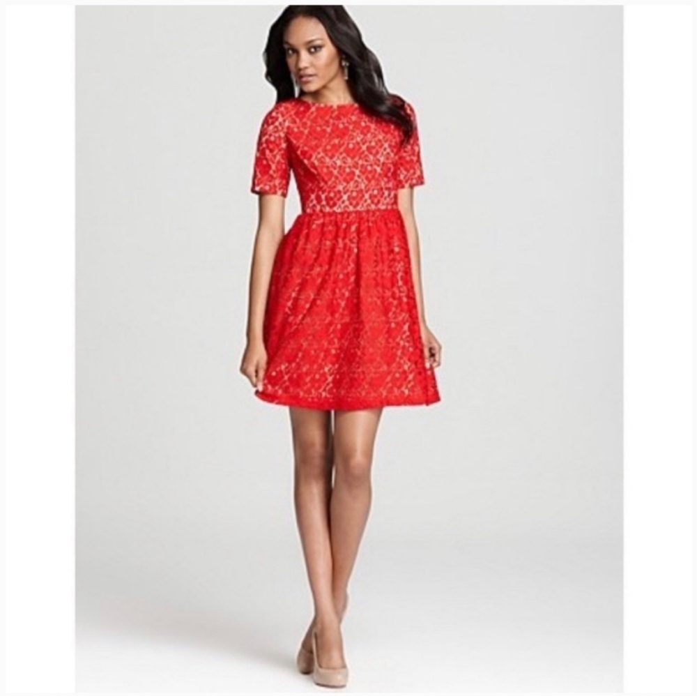 Adrianna Papell Red Lace Flare Short Sleeve Dress